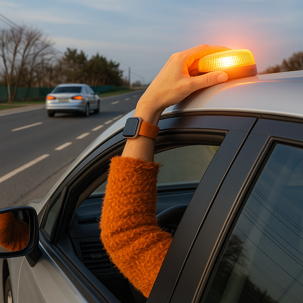Luz V16: Señalización segura de tu vehículo Luz de emergencia V16 sobre el techo de un coche en carretera
